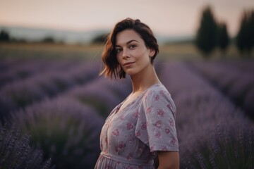 Portrait of a beautiful young woman in lavender field at sunset