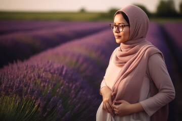 Beautiful asian muslim woman standing in lavender field at sunset