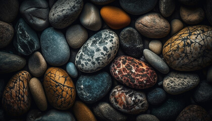 Smooth pebble collection, pattern, shiny decoration generated by AI