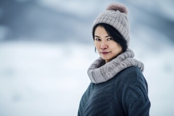 Portrait of a beautiful young woman in the winter in the mountains