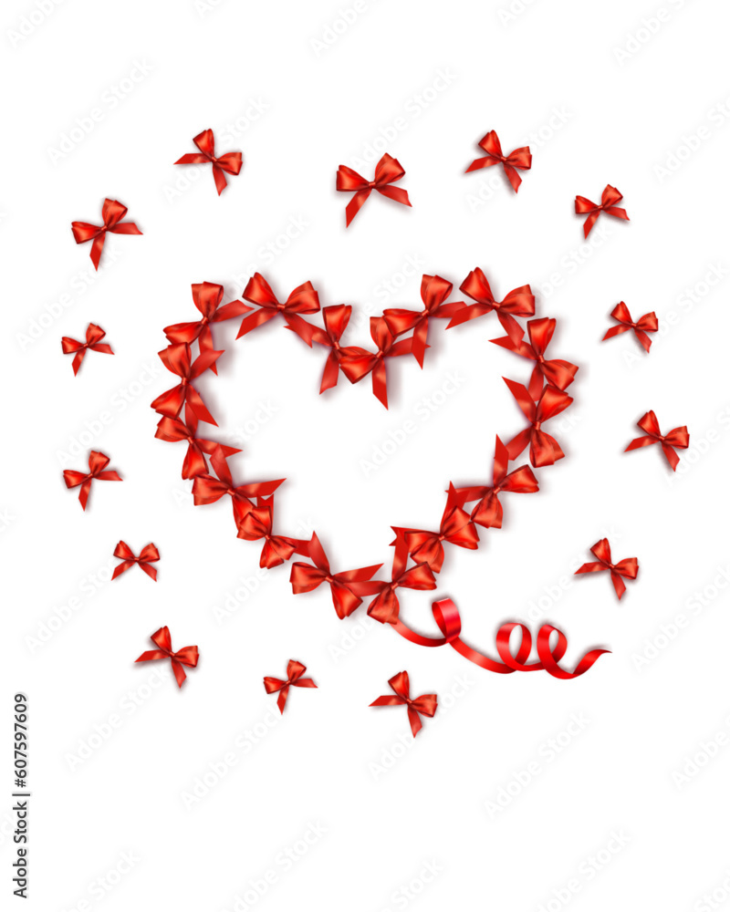 Aufkleber Festive card with beautiful red bows folded in the shape of a heart. Red bows collected in the shape of a heart. Gift sale concept. Vector.