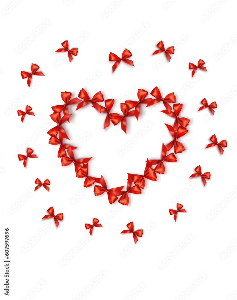 Poster festive card with beautiful red bows folded in the shape of a heart. red bows collected in the shape