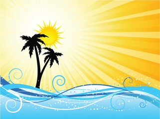 Fototapeta na wymiar Summer background with palm trees against a sunny sky