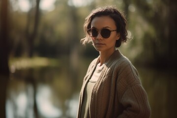 Fototapeta na wymiar Portrait of a beautiful young woman in sunglasses standing by the river.
