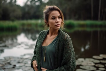Portrait of a young beautiful woman in a green sweater on the river bank