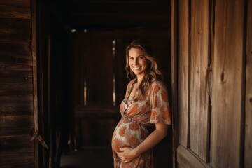 Beautiful pregnant woman standing in the doorway of an old wooden house
