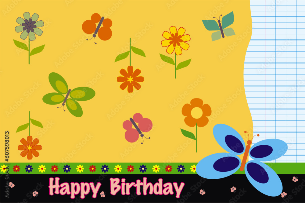 Wall mural vector birthday card with flowers and butterfly