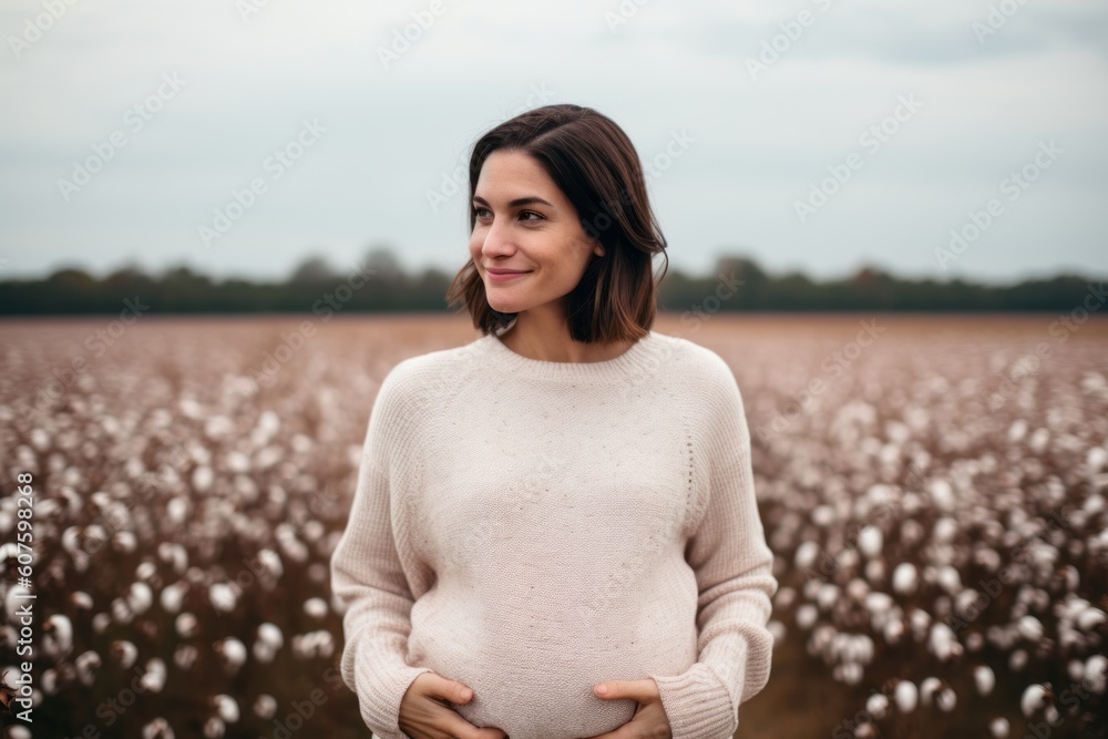 Wall mural Pregnant woman in white sweater standing in cotton field. Pregnancy concept.