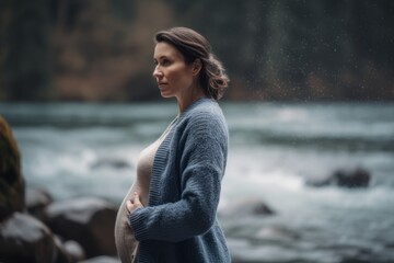 Pregnant woman in a blue sweater on the background of a mountain river