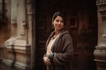 Portrait of a beautiful young woman in a coat in the city