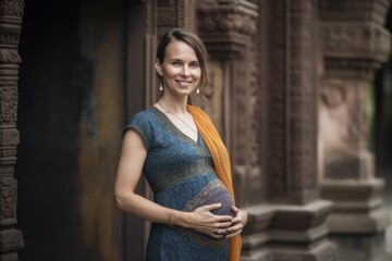 Portrait of a beautiful pregnant woman with orange sarong at the temple