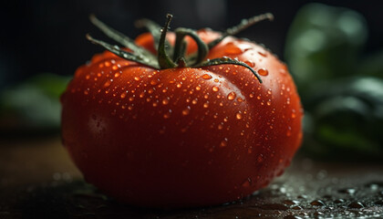 Ripe tomato drop, wet with freshness generated by AI