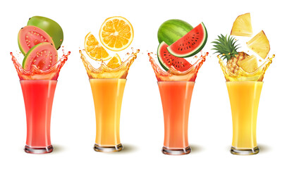 Set of fruit juice splash in a glasses. Orange, pineapple and watermelon and papaya. Vector - 607598687