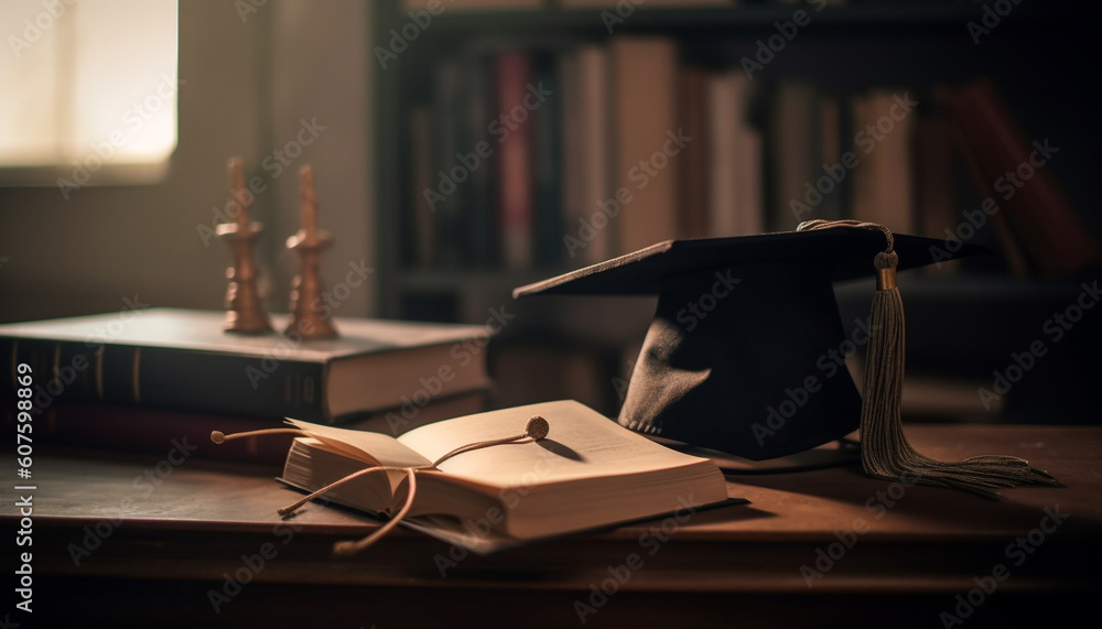 Poster stacks of old textbooks on antique bookshelf generated by ai