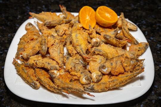 Fried Lambari do Rabo Vermelho (Astyanax bimaculatus) typical Brazilian freshwater fish