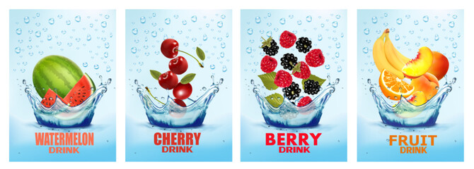 Set of labels with fruit and vegetables drink. Fresh fruits juice splashing together- peach, watermelon, cherry, raspberry, blackberry in water drink splashing. 3d fresh fruits. Vector illustration.