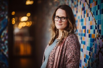 Portrait of beautiful young woman wearing eyeglasses standing in cafe