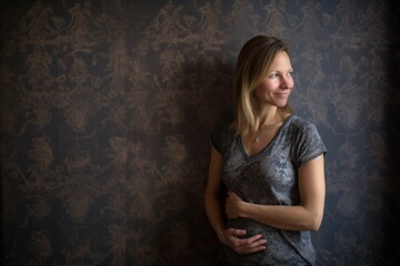 Pregnant woman in a gray T-shirt on a dark background