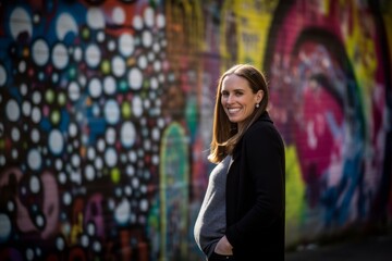 Naklejka premium Portrait of a beautiful young woman standing in front of graffiti wall