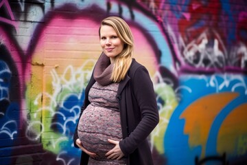Pregnant woman in front of graffiti wall smiling at camera.