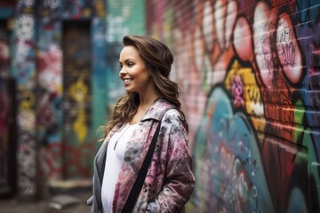 Fototapeta premium Portrait of a beautiful young woman in front of graffiti wall.
