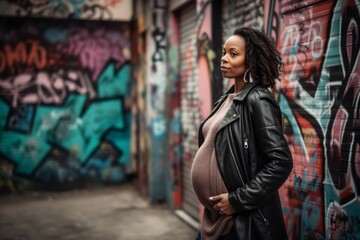 Obraz na płótnie Canvas Medium shot portrait photography of a satisfied pregnant woman in her 40s that is wearing a cozy sweater against a graffiti alleyway background . Generative AI