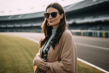 Fototapeta na wymiar Group portrait photography of a satisfied pregnant woman in her 30s that is wearing a chic cardigan against a race track or speedway background . Generative AI