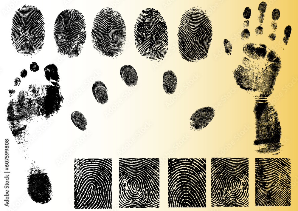 Poster black and white vector fingerprint and footprint elements - very accurately scanned and traced ( vec