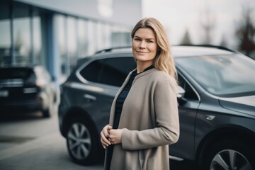 Fototapeta na wymiar Lifestyle portrait photography of a grinning pregnant woman in her 40s that is wearing a chic cardigan against a car showroom or dealership background . Generative AI