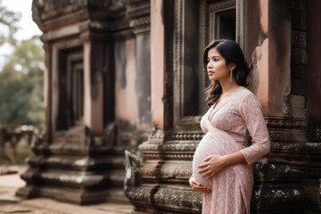 Beautiful asian pregnant woman standing in front of ancient temple.