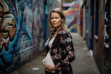 Naklejka premium Pregnant woman in front of graffiti wall. Maternity concept.