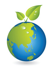 New life, leaf with world map globe