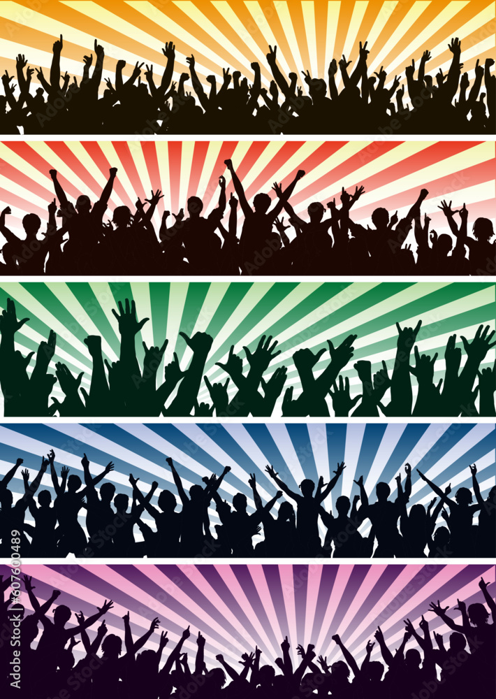 Poster set of editable vector concert crowd silhouettes with all people as separate objects