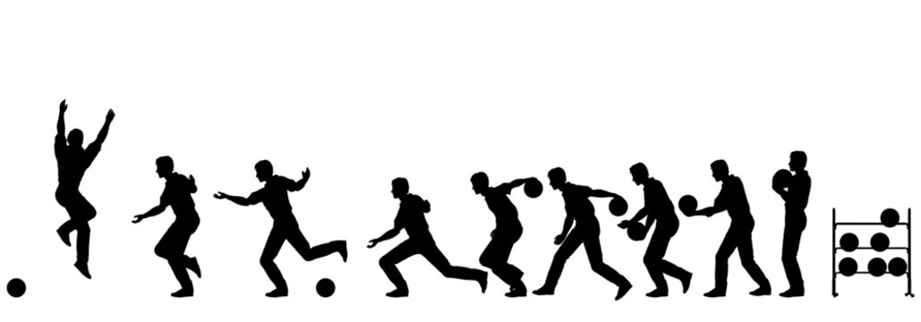 Editable vector silhouette sequence of a man bowling