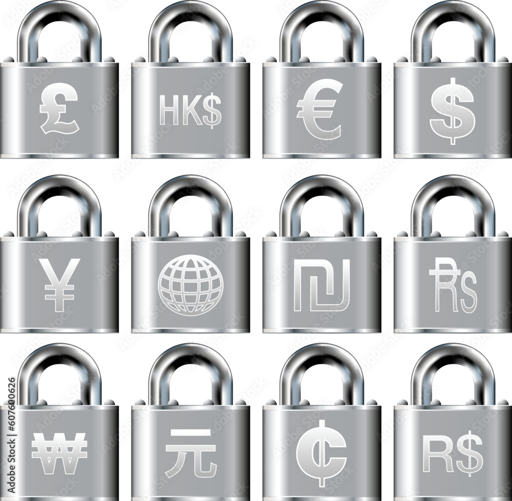 Poster international currency symbol icons on security padlock buttons