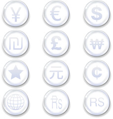 International currency icons on glass orb vector button set