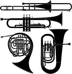 Brass musical instruments set in detailed vector silhouette