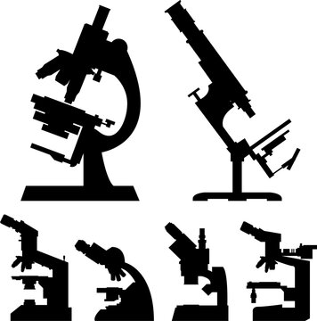 Laboratory and science microscopes in detailed vector silhouette - multiple models and angles