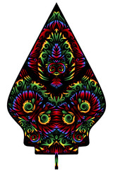 Obraz premium The symmetrical illustration logo in the shape of a Puppet Mountainhas dynamic gradient batik flower line art in a luxurious pattern colour 