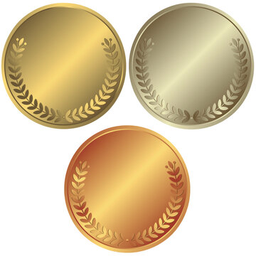 Gold, silver and bronze medals on white background