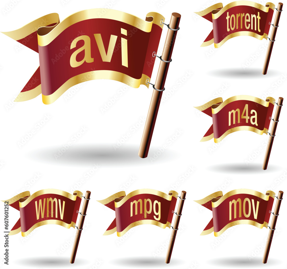 Poster video or movie file extension icons on royal vector flag design elements for web or print