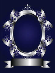 A silver floral design with room for text on a royal blue background