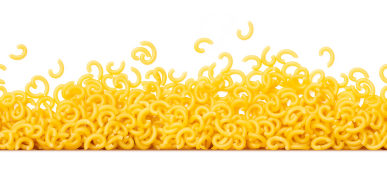 seamless tiling pasta border made of small scattered Italian "gobbetti"  isolated over a transparent background, cut-out noodles or food design element, PNG