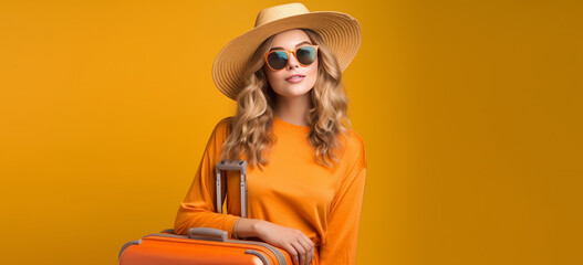 Carefree blond girl wearing yellow dress sunglasses and summerhat wiyh a suitcase. Summer travel and holiday concept.  Image generative AI.