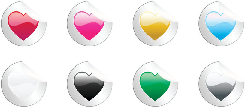 Set of 8 round colored hearts stickers, no transparencies