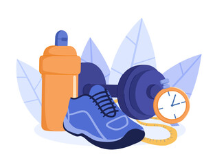 Sport objects concept. Water bottle, running shoes and dumbbell. Active lifestyle and sport. Training and fitness, workout. Cardio and strength training. Cartoon flat vector illustration