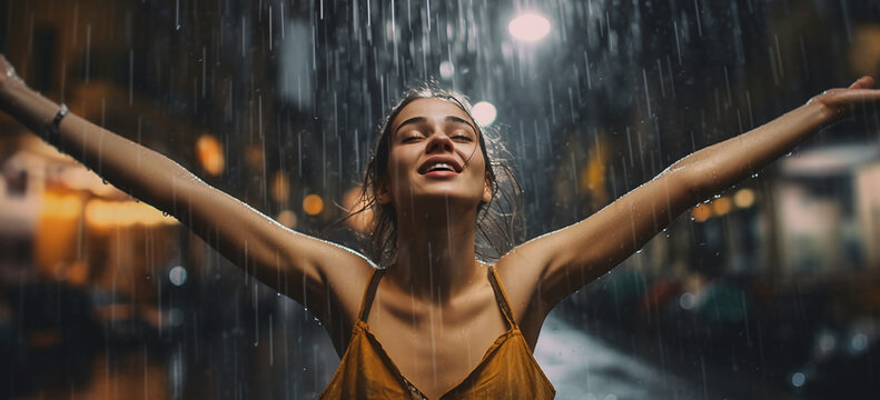 portrait of a woman standing in a street under the rain with happy expression on her face. Image generative AI.