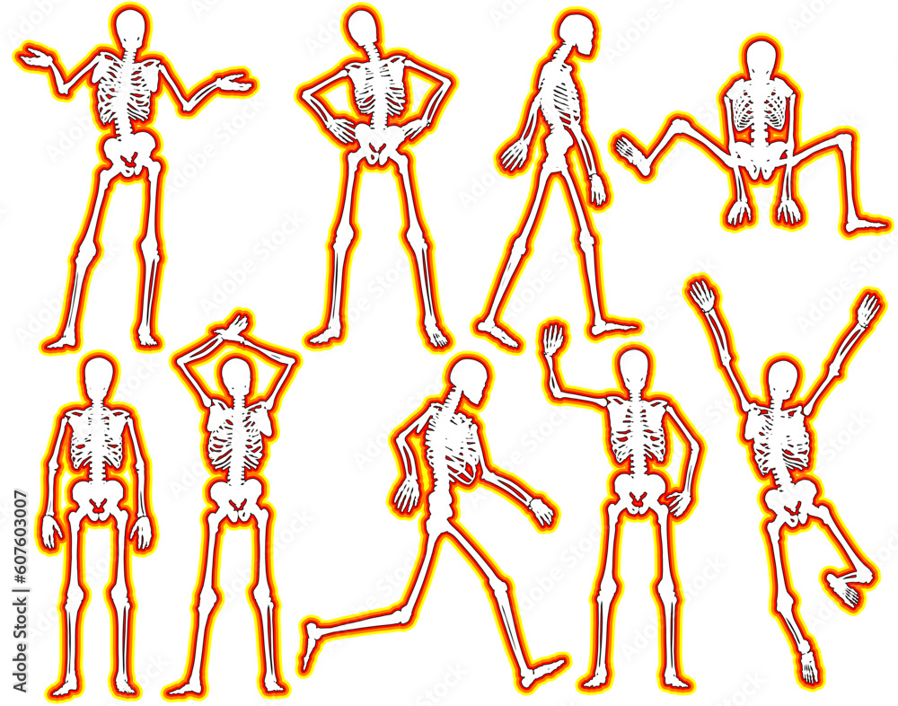Poster set of editable vector skeleton outlines with a glowing edge