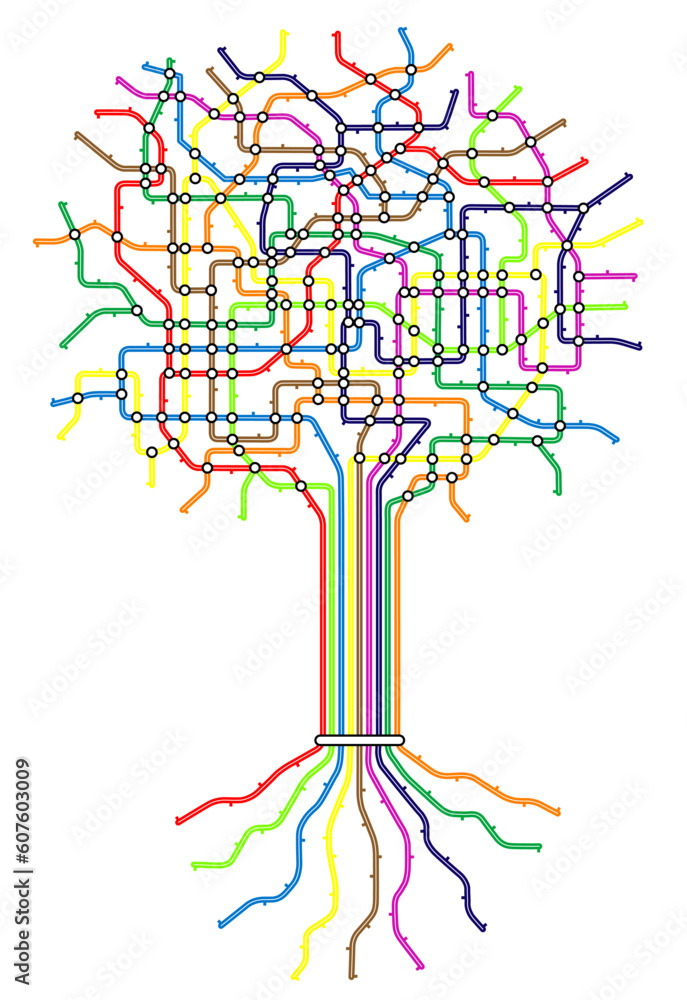 Poster editable vector subway map in shape of a tree with easy to change line thickness and colors
