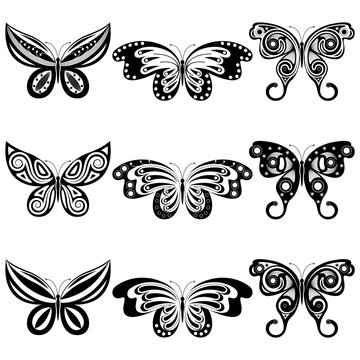 Set of nine different forms of butterflies